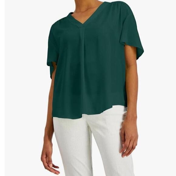 Alfani Shirred Core Blouse V-Neck Dolman-Sleeve T Rain Forest Green Medium NWT - Picture 1 of 7